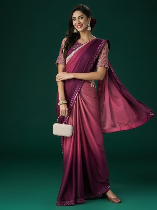 Pink Ombre Embroidered Sequinned Saree