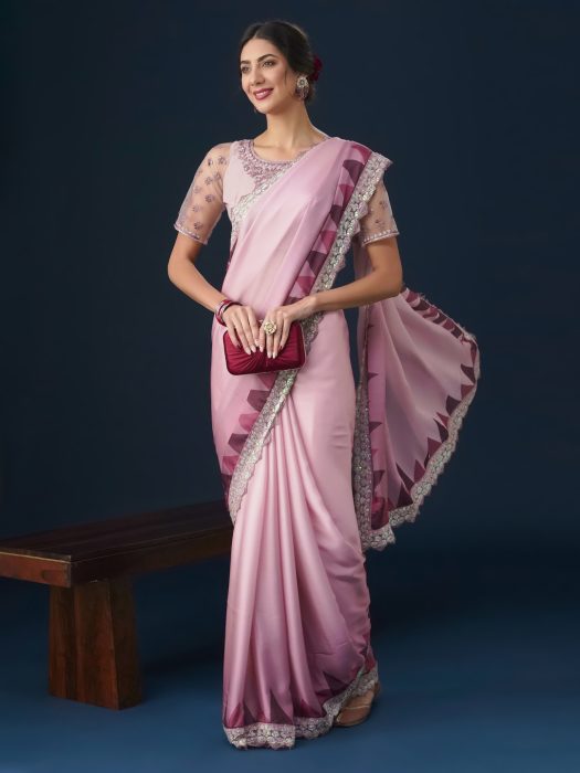 Pink Sequin Embellished Geometric Printed Satin Saree pink sarees