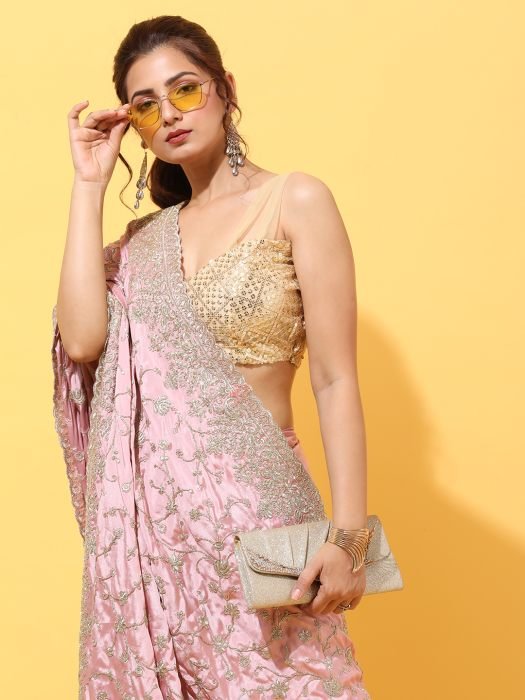 Pink   Silver Toned Floral Sequinned Pure Crepe Heavy Work Saree