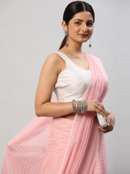 Pink Striped Zari Organza Saree bollywood sarees