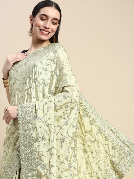 Pista Green Crepe Floral Embroidered Saree