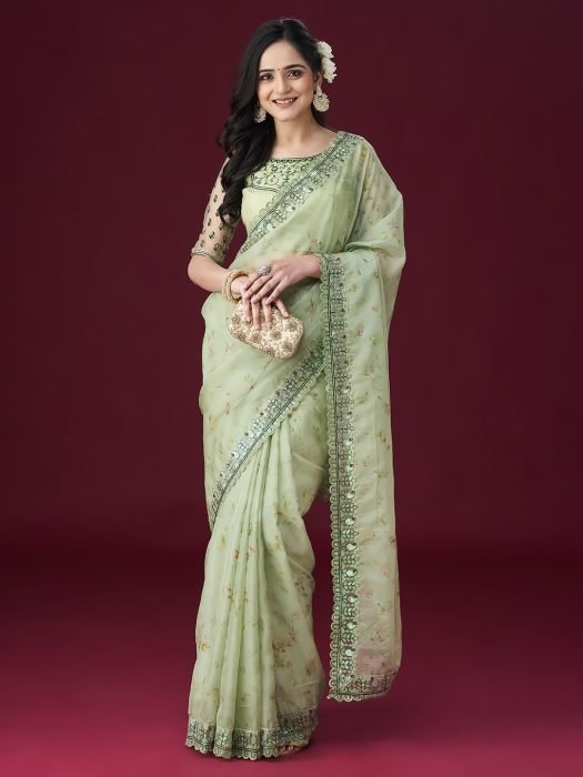 Pista Green Embellished Floral Sarees organza sarees