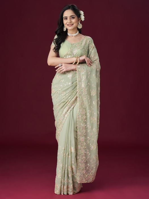 Pista Green Embellished Sequinned Saree floral sarees