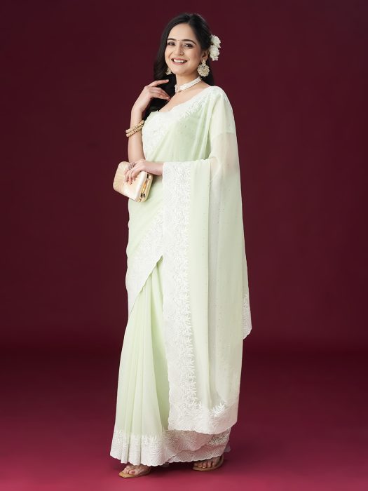 Pista green Embroidered Ethnic Motifs Sarees embroidered saree