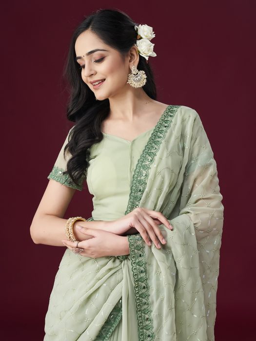 Pista green Floral Embroidered Embellished Mirror Work Saree NEW