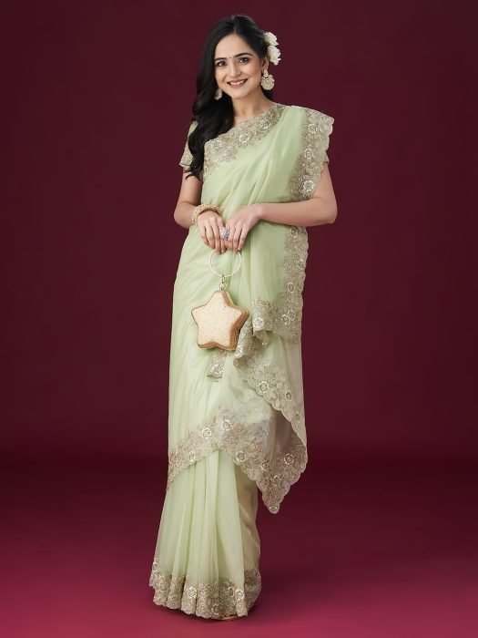 Pista Green Floral Embroidered Organza Saree organza sarees