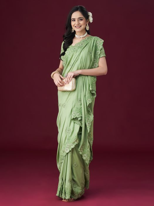 Pista green Floral Embroidered Saree silk saree