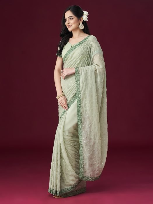 Pista green Floral Embroidered Embellished Mirror Work Saree NEW