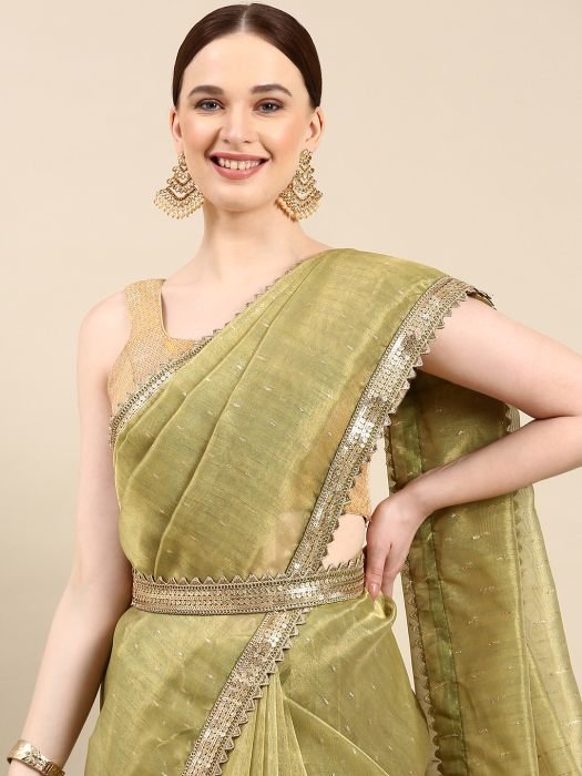 Pista Green Solid Organza Woven Saree gold sarees