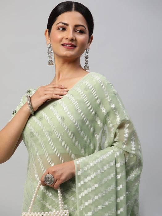 Pista Green Organza Saree With Heavywork Blouse green sarees