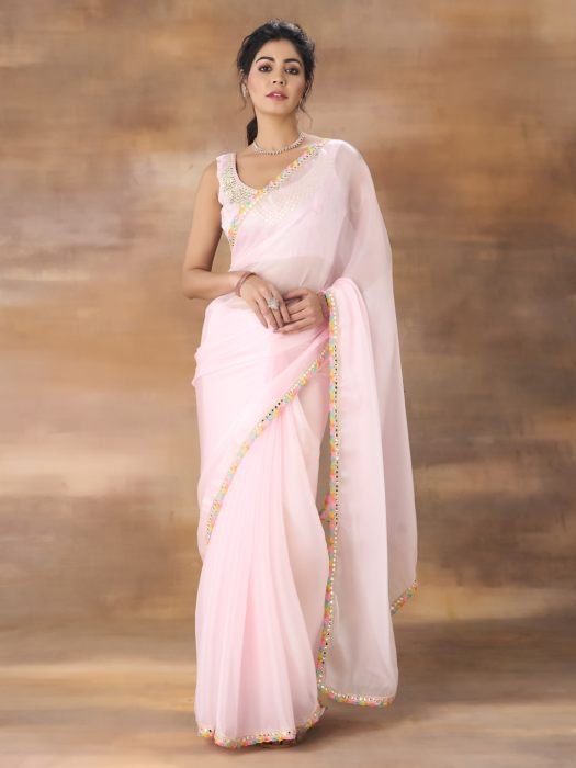 Poly Chiffon Mirror Work Saree 