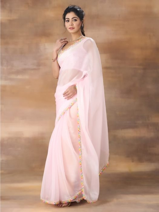 Poly Chiffon Mirror Work Saree party wear saree