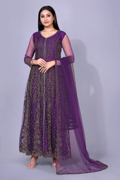  Purple Ethnic Motifs Embroidered Work Net Maxi Semi Stitched Kurta With Plazzo And Dupatta Dress Materials
