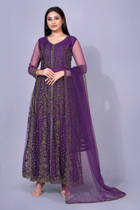  Purple Ethnic Motifs Embroidered Work Net Maxi Semi Stitched Kurta With Plazzo And Dupatta semi stitched