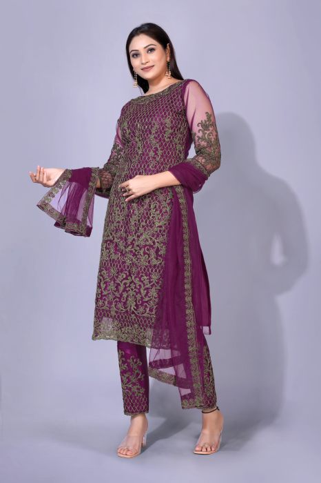 Purple Floral Embroidered Work Net Maxi Semi Stitched Kurta With Plazzo And Dupatta semi stitched