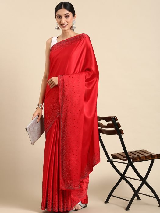 Red Beads And Stone Work Satin Saree stonework sarees