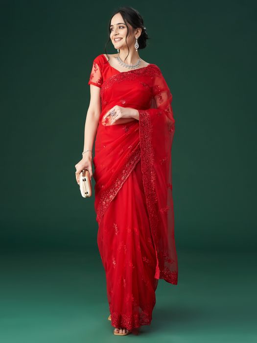 Red Embroidered Net Sarees maroon