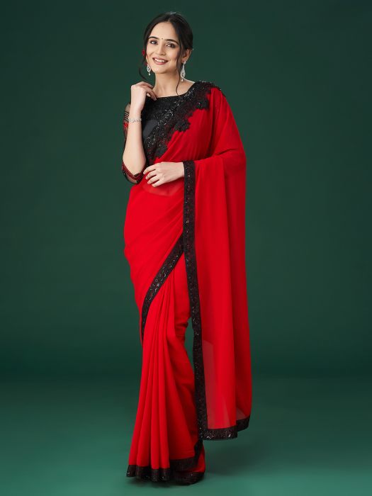 Red Embroidered Sequinned Sarees