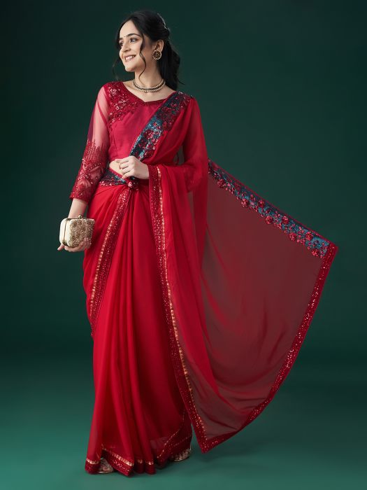 Red Embroidered Sequinned Saree