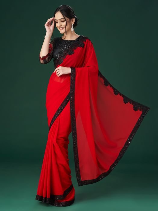 Red Embroidered Sequinned Sarees party wear saree