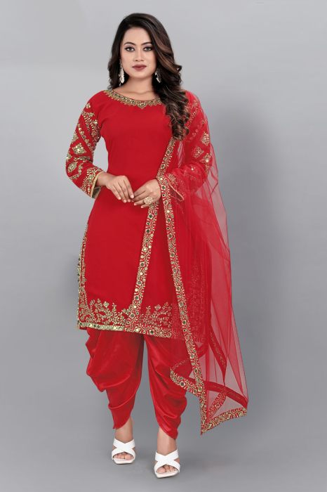 Red Embroidered Work Embellished Sheath Maxi Semi Stitched Kurta With Plazzo And Dupatta semi stitched