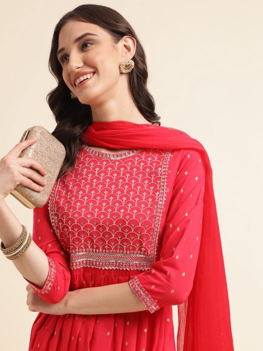 Red Ethnic Motifs Printed Sequinned Pleated Kurta With Trousers   Dupatta  kurta sets with dupatta