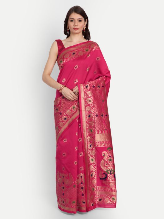 Red   Gold Toned Woven Design Zari Silk Blend Saree printed saree
