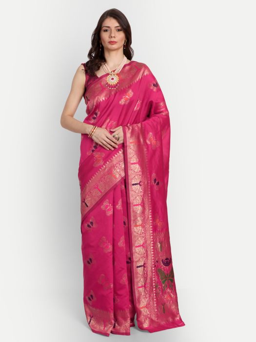 Red   Gold Toned Woven Design Zari Silk Blend Saree printed saree