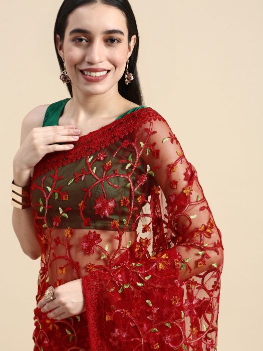 Red Floral Threadwork Net Saree maroon