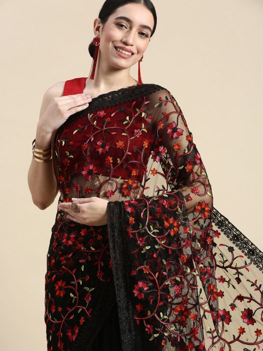 Black Floral Threadwork Net Saree black sarees