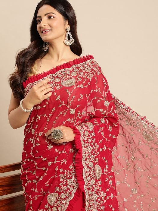 Cherry Embroidered Zariwork Frill Georgette Saree maroon