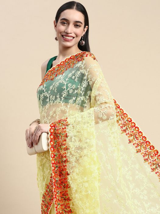 Yellow Floral Threadwork Net Saree  yellow sarees