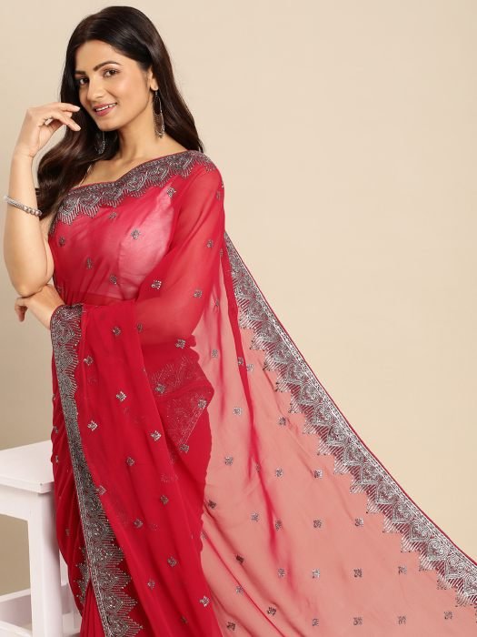 Cherry Grey Zari Stonework Georgette Saree maroon