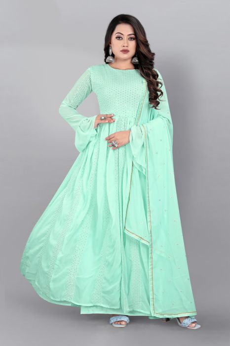 Sea Blue Embroidered Semi Stitched Kurta With Plazzo  And Dupatta  summer suits
