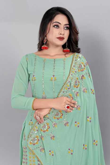 Sea Blue Embroidered Sequined Semi Stitched Kurta With Plazzo  And Dupatta  summer suits