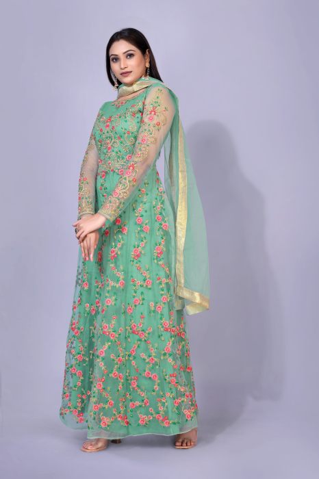 Sea Green Floral Embroidered Thread Work Semi Stitched Anarkali Kurta With Plazzo And Dupatta semi stitched