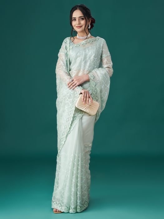 Sea green Geometric Embellished Embroidered Sarees chiffon sarees
