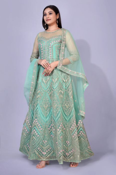 Sky Blue Embellished Embroidered Work Net Maxi Semi Stitched Kurta With Plazzo And Dupatta semi stitched