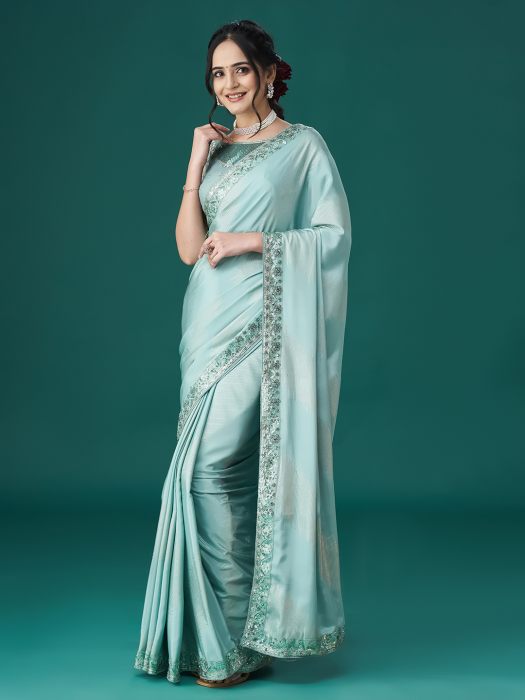 Sky Blue Embellished Sequinned Saree satin sarees