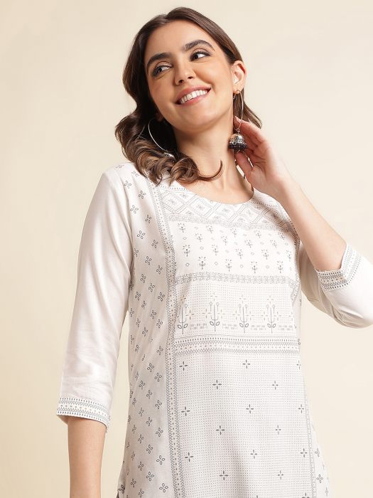  White Cotton Blend Geometric Printed Kurta   Salwar Suits