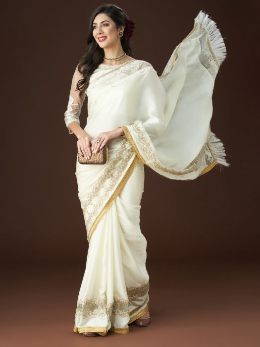 White Embroidered Embellished Satin Saree