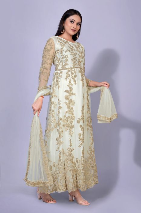 White   Gold Toned Floral Embroidered Work Maxi Semi Stitched Kurta With Plazzo And Dupatta semi stitched