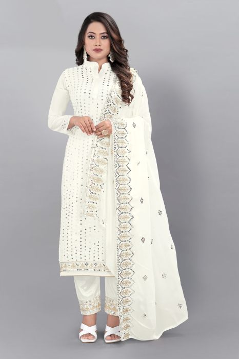 White Striped Embellished Work Pure Cotton Semi Stitched Kurta With Plazzo And Dupatta semi stitched