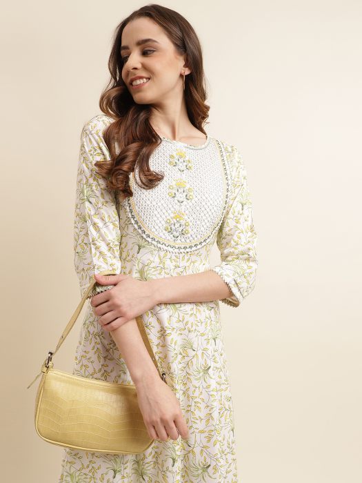 White Yellow Floral Printed Cotton Fit   Flare Ethnic Dress kurtis
