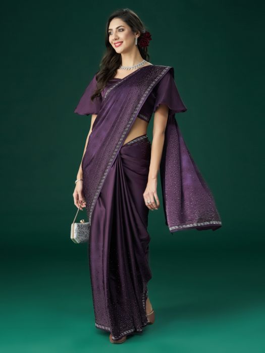Wine Beads and Stones Embellished Saree satin sarees