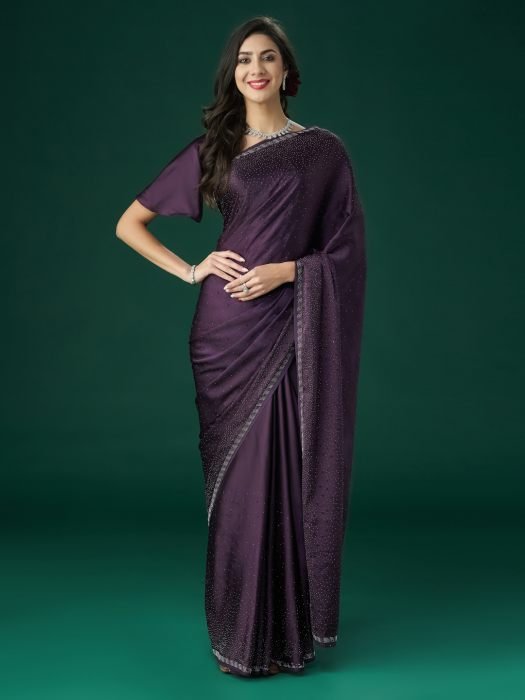 Wine Beads and Stones Embellished Saree NEW