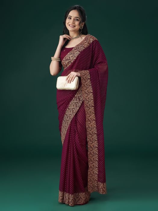 Wine Embroidered Sarees floral sarees