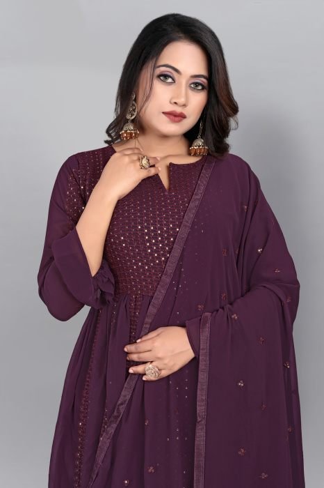 Wine Embroidered Semi Stitched Kurta With Plazzo  And Dupatta  anarkali suits