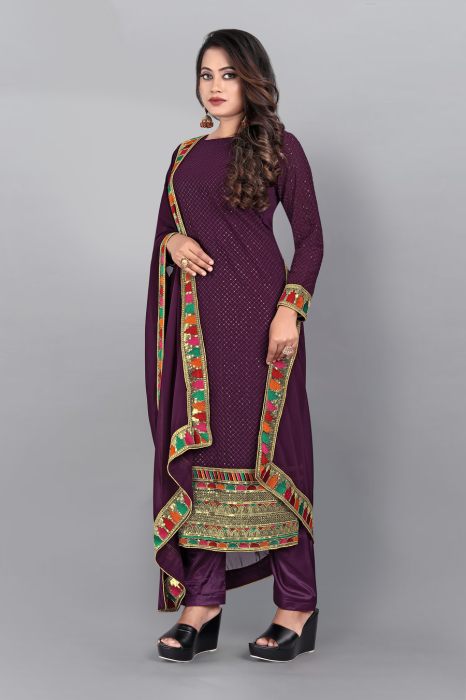 Wine Embroidered Work Sequinned Semi Stitched Kurta With Plazzo And Dupatta Dress Materials
