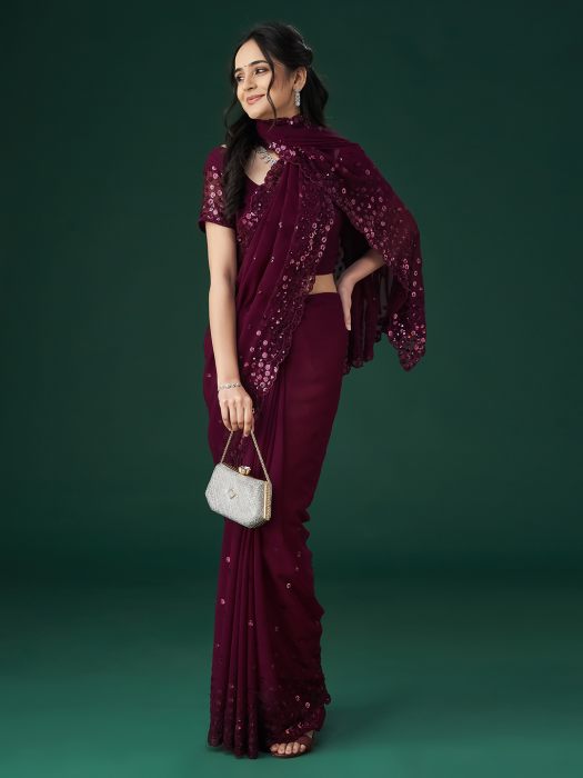 Wine Floral Embellished Sequinned Sarees   wine sarees